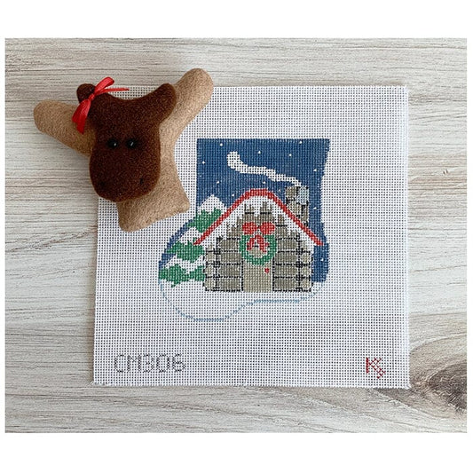 Log Cabin Mini Sock w/Moose Insert Painted Canvas Kathy Schenkel Designs 
