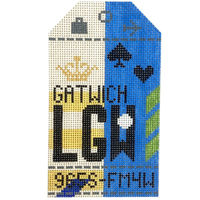 London Gatwick LGW Retro Travel Tag Painted Canvas Hedgehog Needlepoint 
