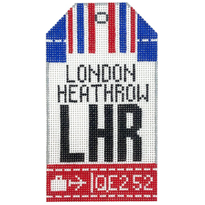London Heathrow LHR Retro Travel Tag Painted Canvas Hedgehog Needlepoint 
