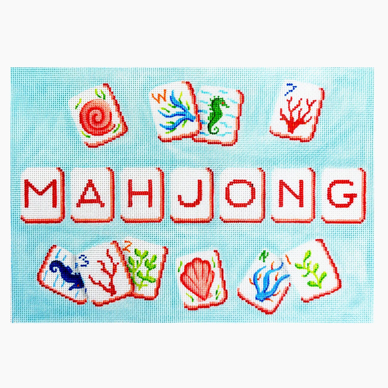 Mahjong Tile Bag   Coral Reef Theme, on Blue Painted Canvas Kate Dickerson Needlepoint Collections  - 1