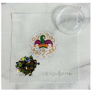 Mardi Gras Jester Hat 3” Round Clear Dome & Confetti Painted Canvas Kate Dickerson Needlepoint Collections 
