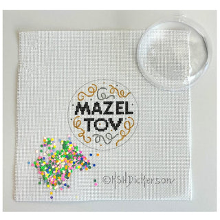 Mazel Tov Black/Gold/Silver Ornament with Clear Dome & Confetti Painted Canvas Kate Dickerson Needlepoint Collections 
