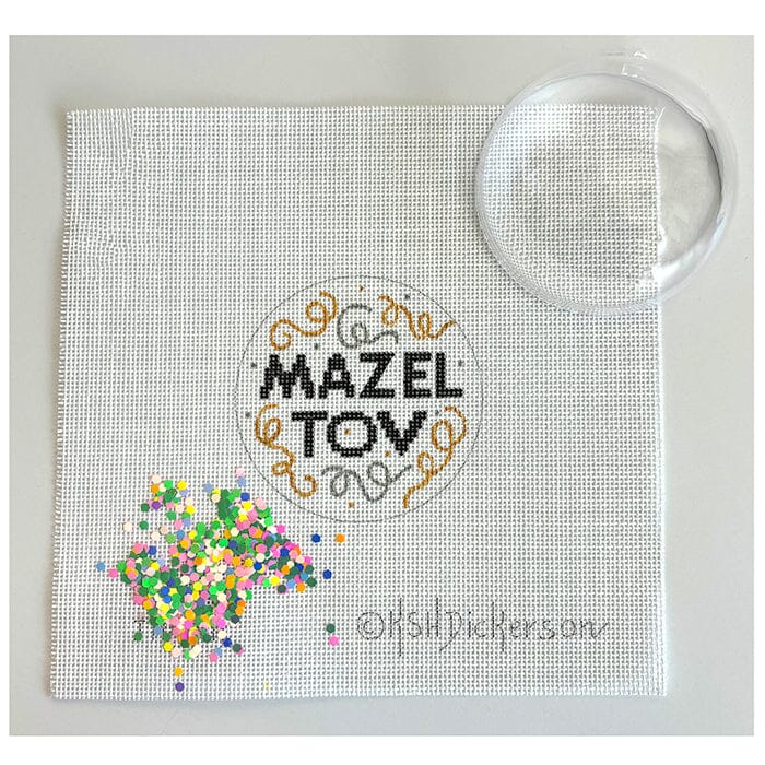 Mazel Tov Black/Gold/Silver Ornament with Clear Dome & Confetti Painted Canvas Kate Dickerson Needlepoint Collections 
