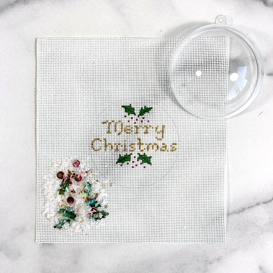 Merry Christmas Holly Ornament with Clear Dome & Confetti Painted Canvas Kate Dickerson Needlepoint Collections 