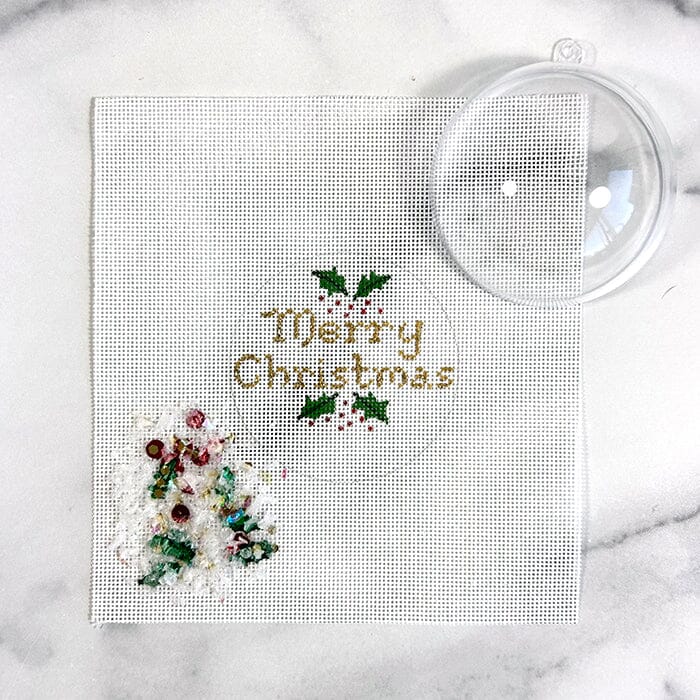Merry Christmas Holly Ornament with Clear Dome & Confetti Painted Canvas Kate Dickerson Needlepoint Collections 
