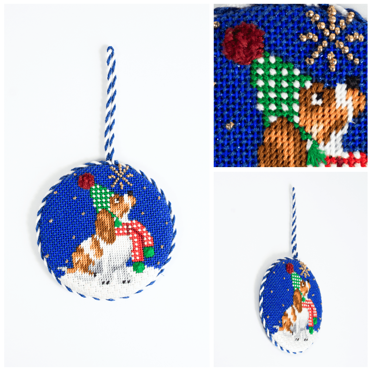 Midnight Basset Hound Round with Stitch Guide Painted Canvas Kirk & Bradley  - 3
