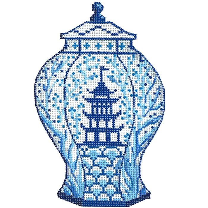 Mini Chinese Vase – Tall Blue & White w/ Pagoda & Flowering Branches Painted Canvas Kate Dickerson Needlepoint Collections 
