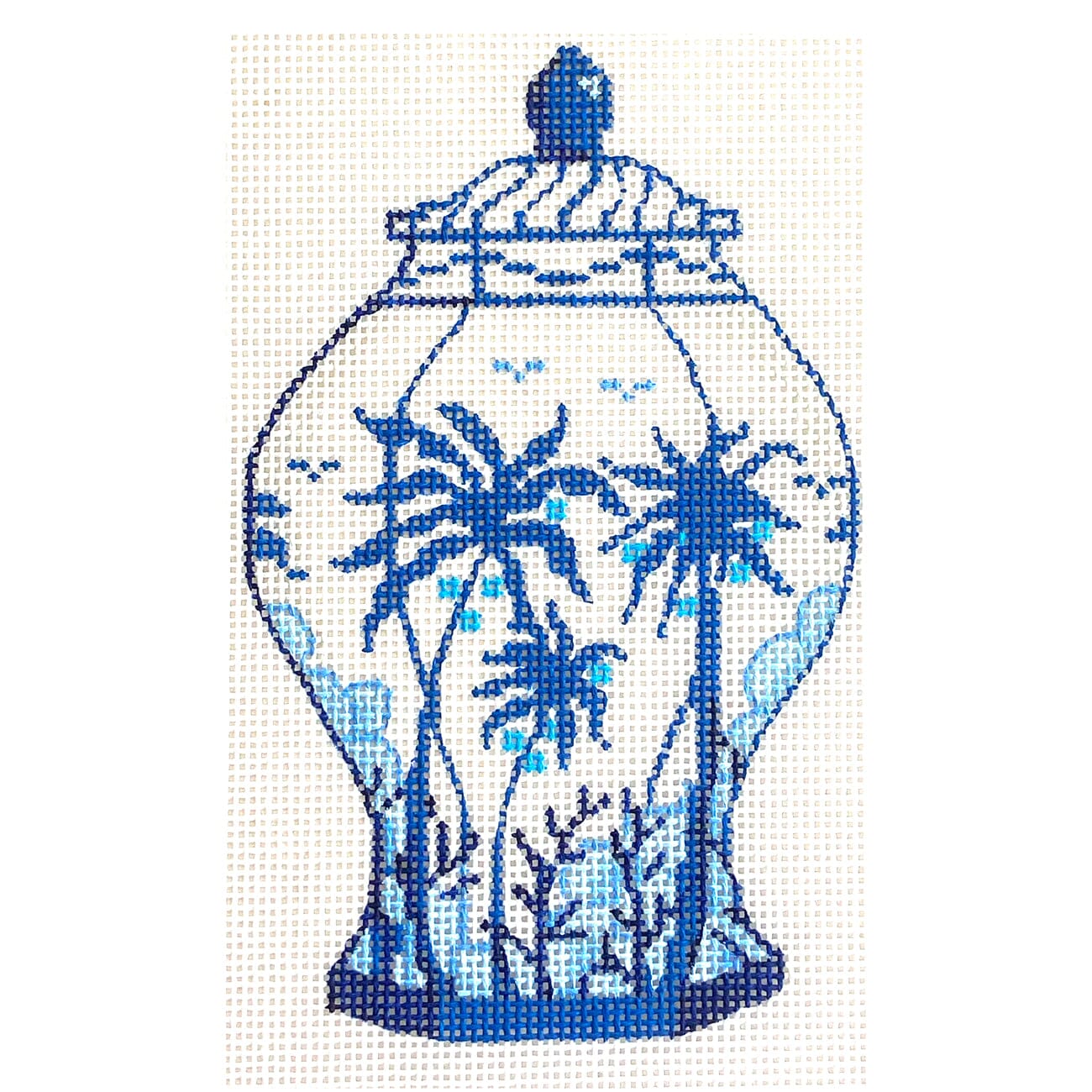 Mini Chinese Vase – Tall Blue & White w/ Palm Trees Painted Canvas Kate Dickerson Needlepoint Collections  - 1