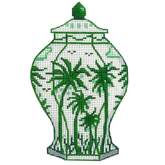 Mini Chinese Vase – Tall Green & White w/ Palm Trees & Coconuts Painted Canvas Kate Dickerson Needlepoint Collections 