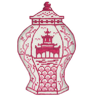 Mini Chinese Vase – Tall Raspberry & White w/ Pagoda & Flowering Branches Painted Canvas Kate Dickerson Needlepoint Collections 
