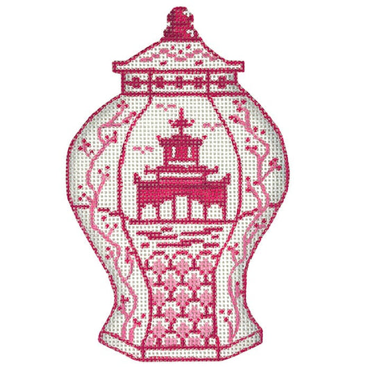 Mini Chinese Vase – Tall Raspberry & White w/ Pagoda & Flowering Branches Painted Canvas Kate Dickerson Needlepoint Collections 