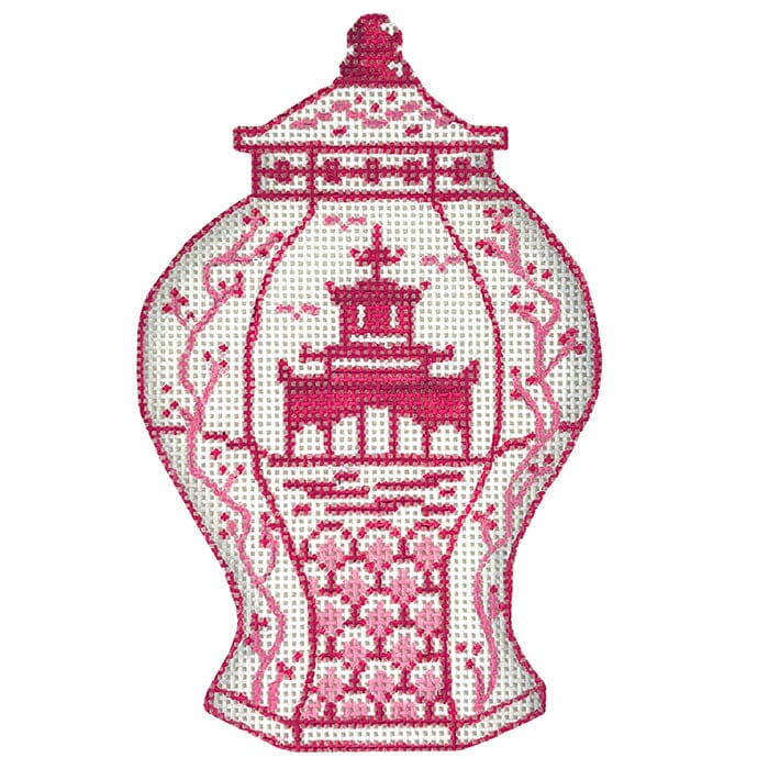 Mini Chinese Vase – Tall Raspberry & White w/ Pagoda & Flowering Branches Painted Canvas Kate Dickerson Needlepoint Collections 

