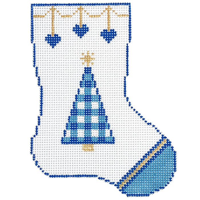 MINI Christmas Stocking Blue Painted Canvas SilverStitch Needlepoint  - 1