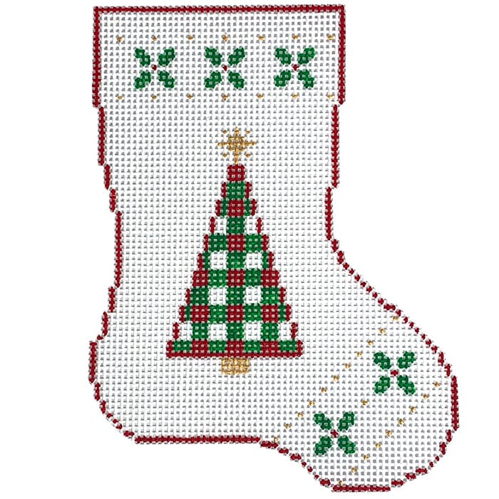 MINI Christmas Stocking-RedGreen Painted Canvas SilverStitch Needlepoint 
