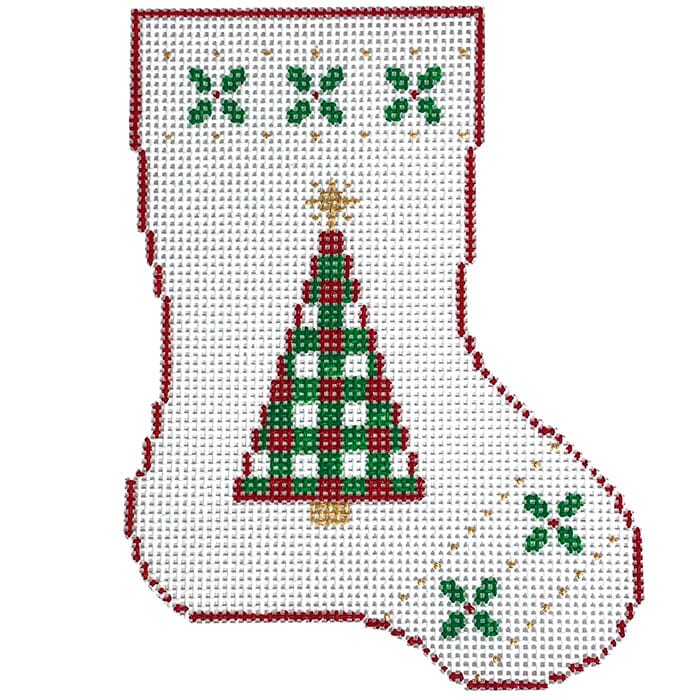 MINI Christmas Stocking RedGreen Painted Canvas SilverStitch Needlepoint  - 1