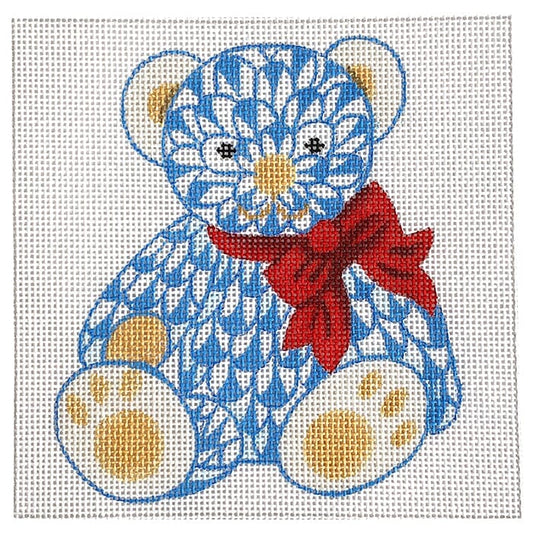 Mini Fishnet Teddy Bear 5" Square - Blue with Red Bow Painted Canvas Kate Dickerson Needlepoint Collections 