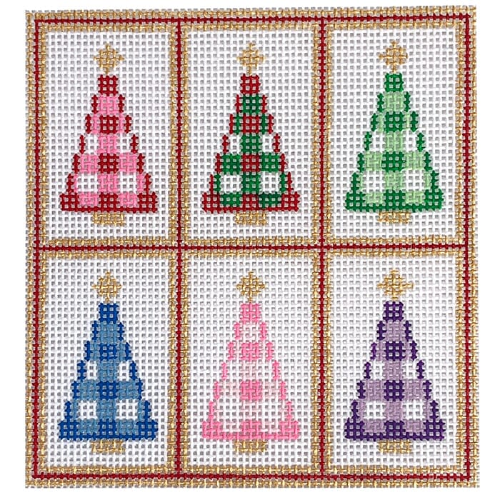 Mini Gingham Trees Ornament Painted Canvas SilverStitch Needlepoint  - 1