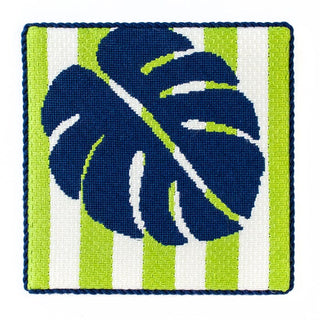 Monstera Stencil on Blue Square with Stitch Guide Printed Canvas Two Sisters Needlepoint 
