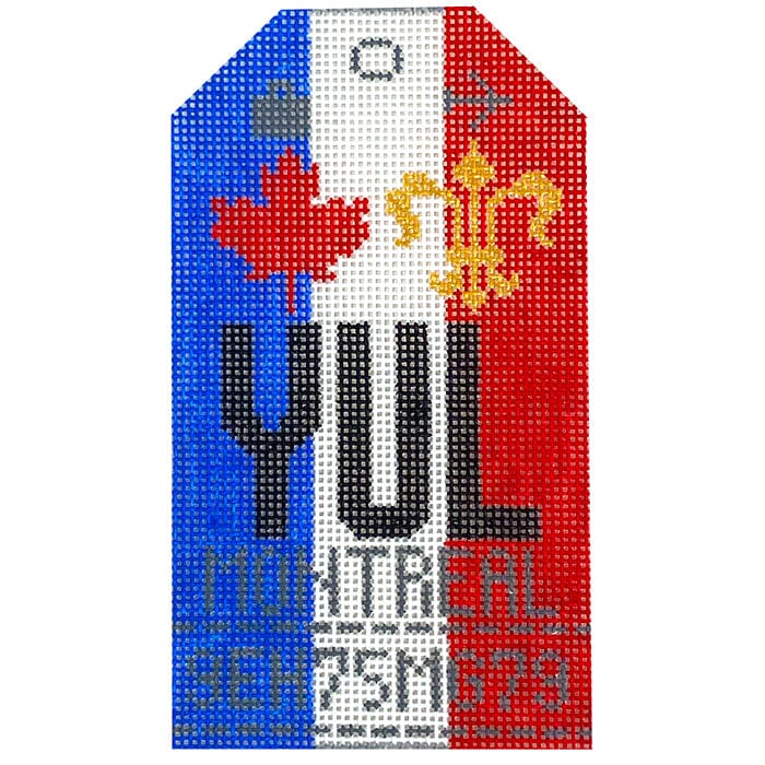 Montreal YUL Retro Travel Tag Painted Canvas Hedgehog Needlepoint 
