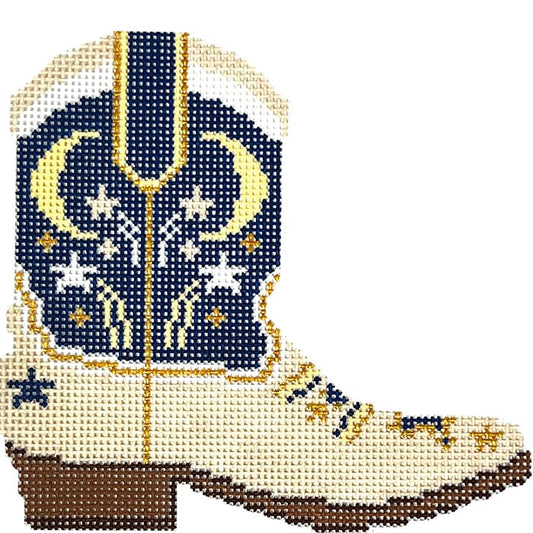 Moon and Stars Cowboy Boot Painted Canvas Wipstitch Needleworks 