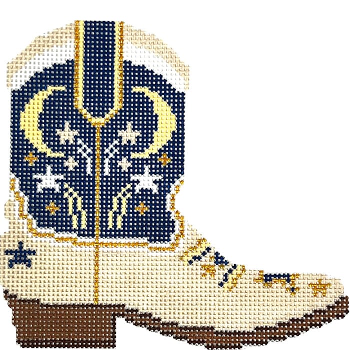 Moon and Stars Cowboy Boot Painted Canvas Wipstitch Needleworks 
