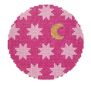Moon & Stars Pink Round Painted Canvas Goodpoint Needlepoint 
