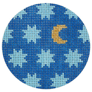 Moon & Stars Round Blue Painted Canvas Goodpoint Needlepoint 
