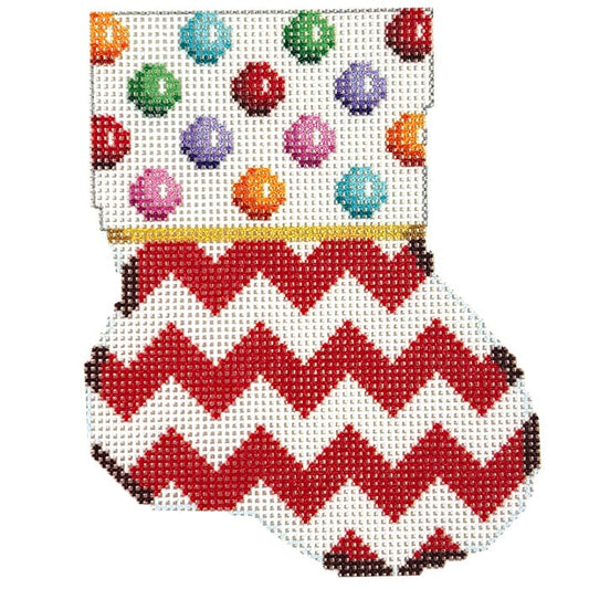 MultiDot/Red Chevron Mini Sock Printed Canvas Two Sisters Needlepoint 