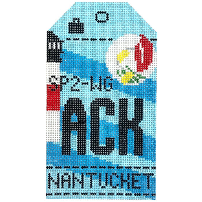 Nantucket ACK Retro Travel Tag Painted Canvas Hedgehog Needlepoint 
