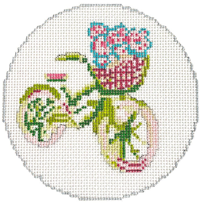 Nantucket Bicycle Pink/Green 4" Round Painted Canvas Blue Waters Needlepoint  - 1