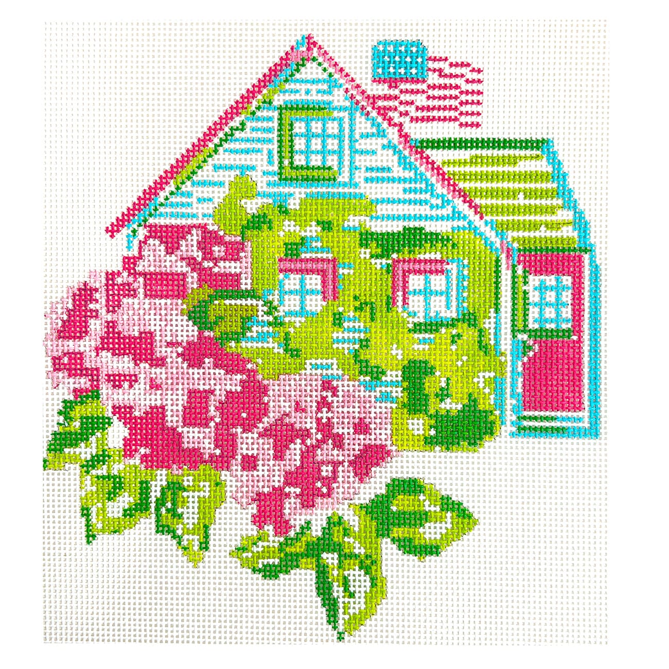 Nantucket House Pink/Green on 13 Painted Canvas Blue Waters Needlepoint  - 1