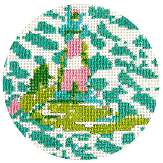 Nantucket Lighthouse Pink/Green 4" Round Painted Canvas Blue Waters Needlepoint 
