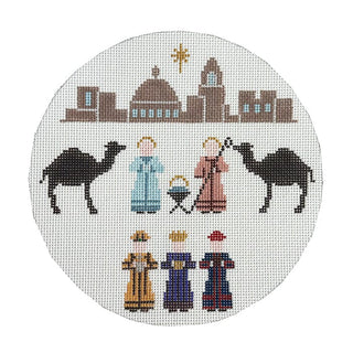 Nativity Ornament 6" Round Painted Canvas Painted Pony Designs 
