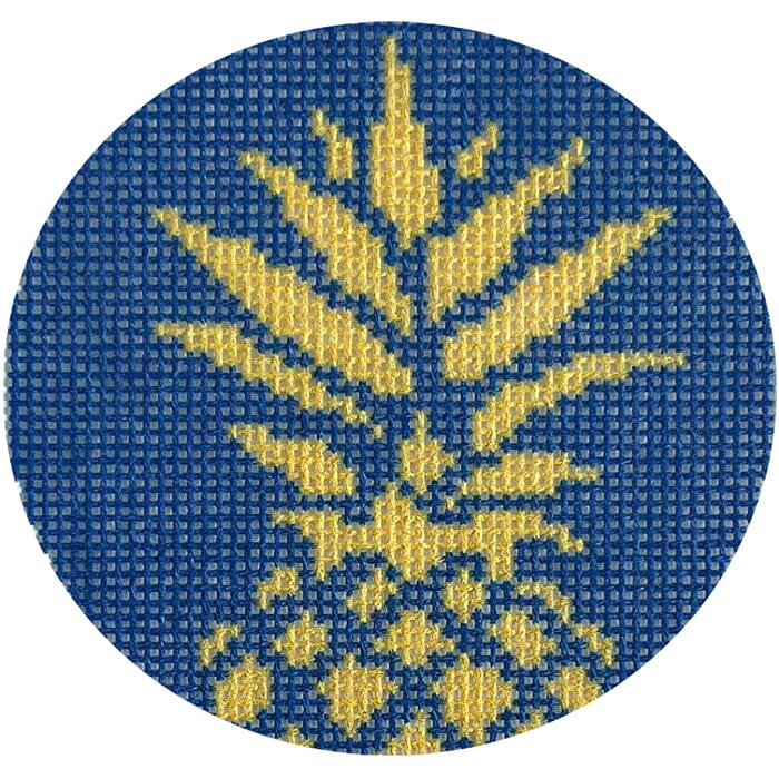 Navy Pineapple 3" Round Printed Canvas Two Sisters Needlepoint 

