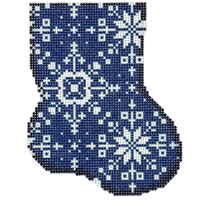 Navy Snowflake Mini Sock Printed Canvas Two Sisters Needlepoint 
