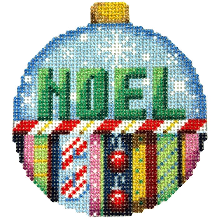 Noel/Stripes Ball Ornament Large Printed Canvas Two Sisters Needlepoint 
