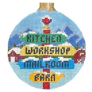 North Pole Signs, 3.25" Round Painted Canvas Susan Roberts Needlepoint Designs Inc. 
