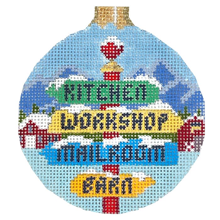 North Pole Signs, 3.25" Round Painted Canvas Susan Roberts Needlepoint Designs Inc. 
