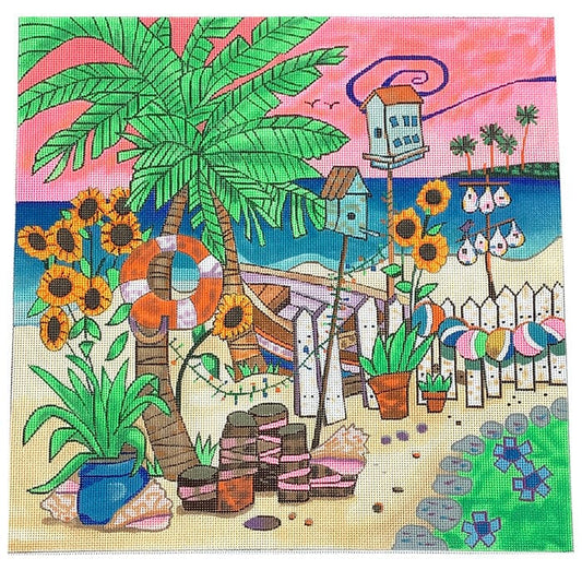 Oasis on the Beach Painted Canvas Purple Palm Designs 