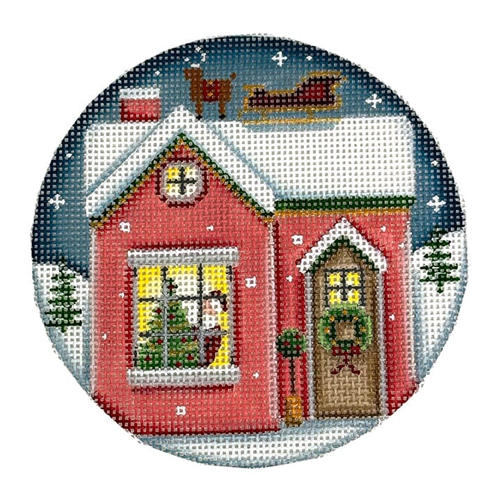 On the Roof Pink House Painted Canvas Rebecca Wood Designs  - 1