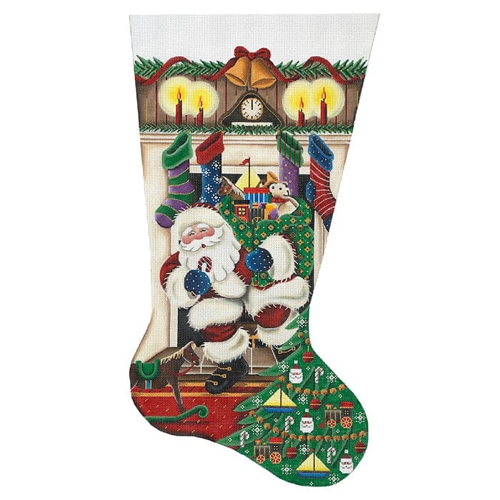 Out of the Fireplace Boys Toys Stocking on 18 TTR Painted Canvas Rebecca Wood Designs 
