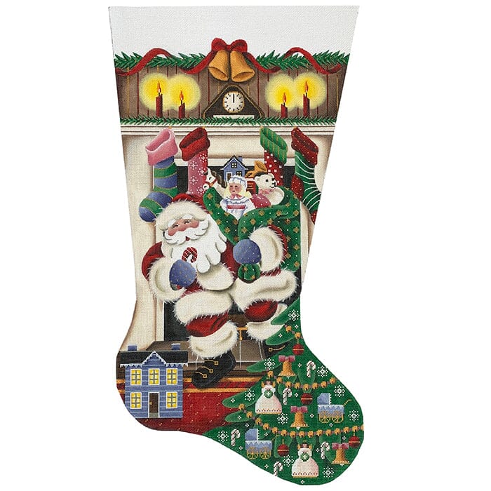 Out of the Fireplace Girls Toys Stocking on 18 TTR Painted Canvas Rebecca Wood Designs  - 1