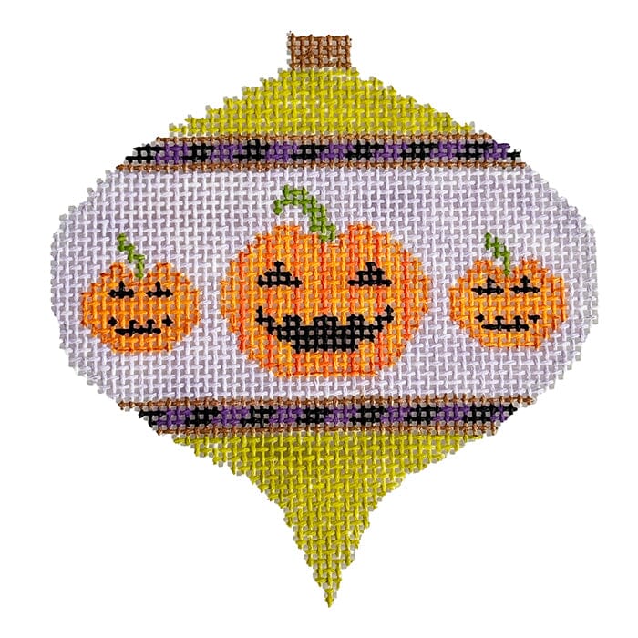 Oval Bauble with Pumpkins on Lime with Lavender Painted Canvas Kristine Kingston 
