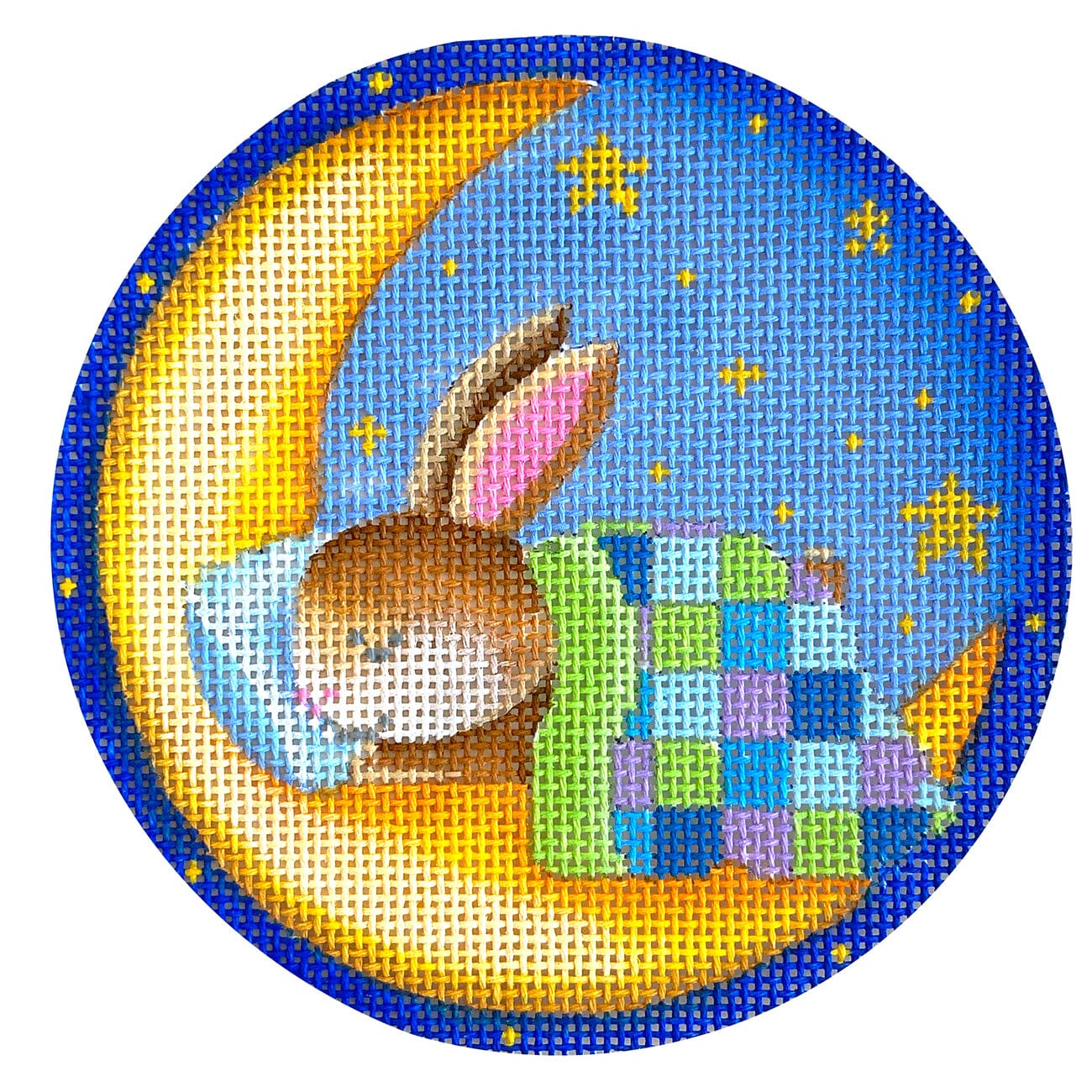 Over the Moon Bunny, Blue Round Printed Canvas Pepperberry Designs 
