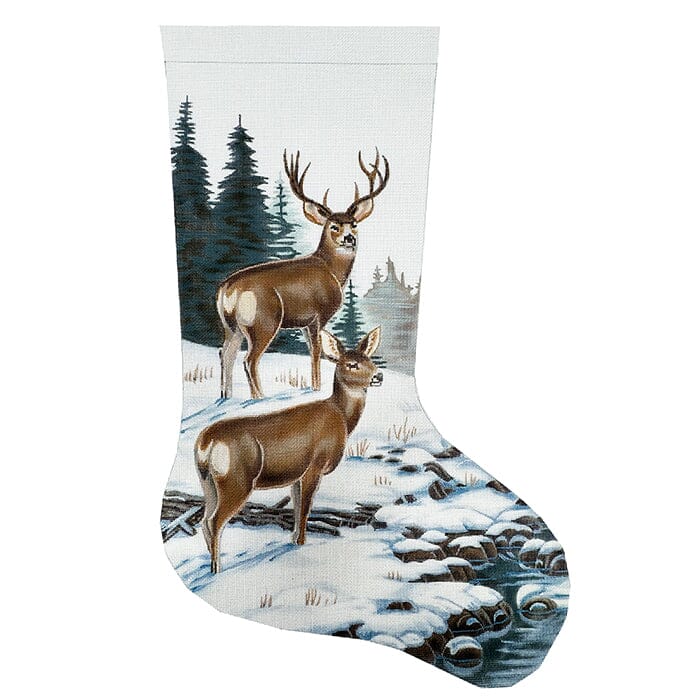 Pair of Deer Stocking Painted Canvas Victoria Whitson Needlepoint 
