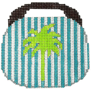 Palm Tree on Turquoise/White Stripe Purse Ornament Painted Canvas Kristine Kingston 
