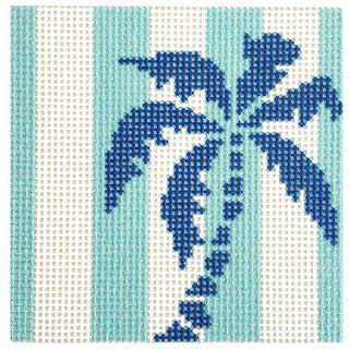 Palm Tree Stencil on Aqua Coaster Printed Canvas Two Sisters Needlepoint 
