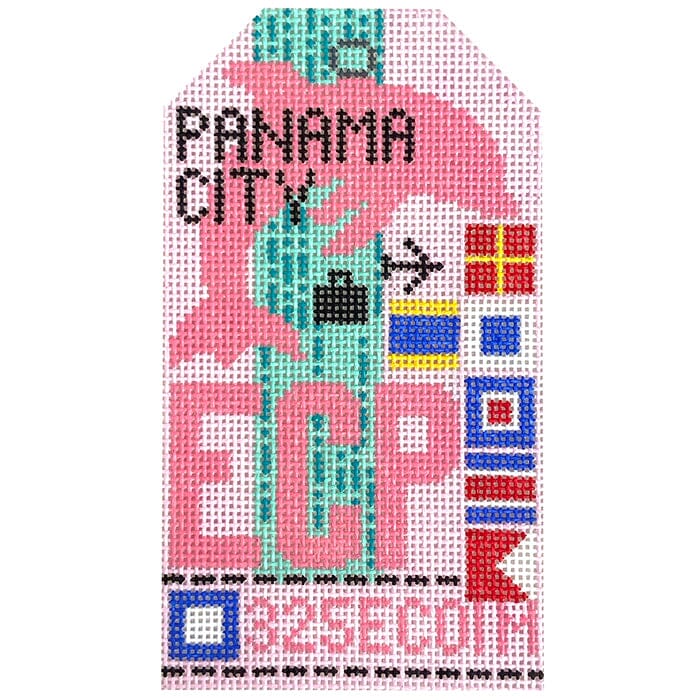 Panama City ECP Retro Travel Tag Painted Canvas Hedgehog Needlepoint 
