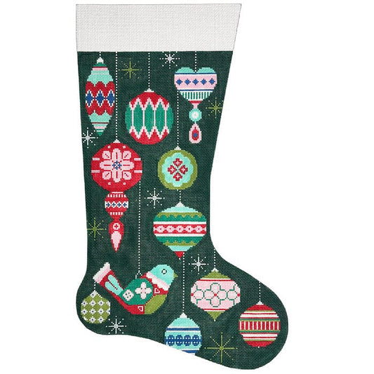 Partridge and Ornaments Stocking Painted Canvas Alice Peterson Company 