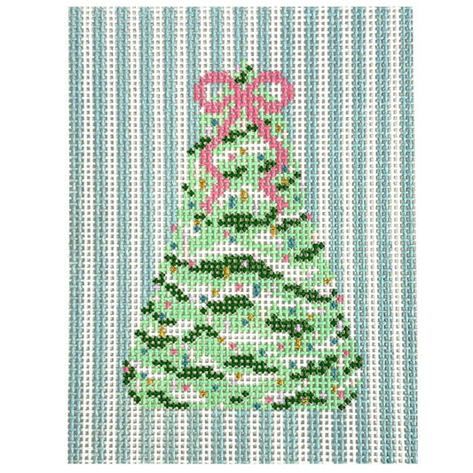 Pastel Christmas, Tree w/Blue Stripes Printed Canvas SLS Needlepoint 